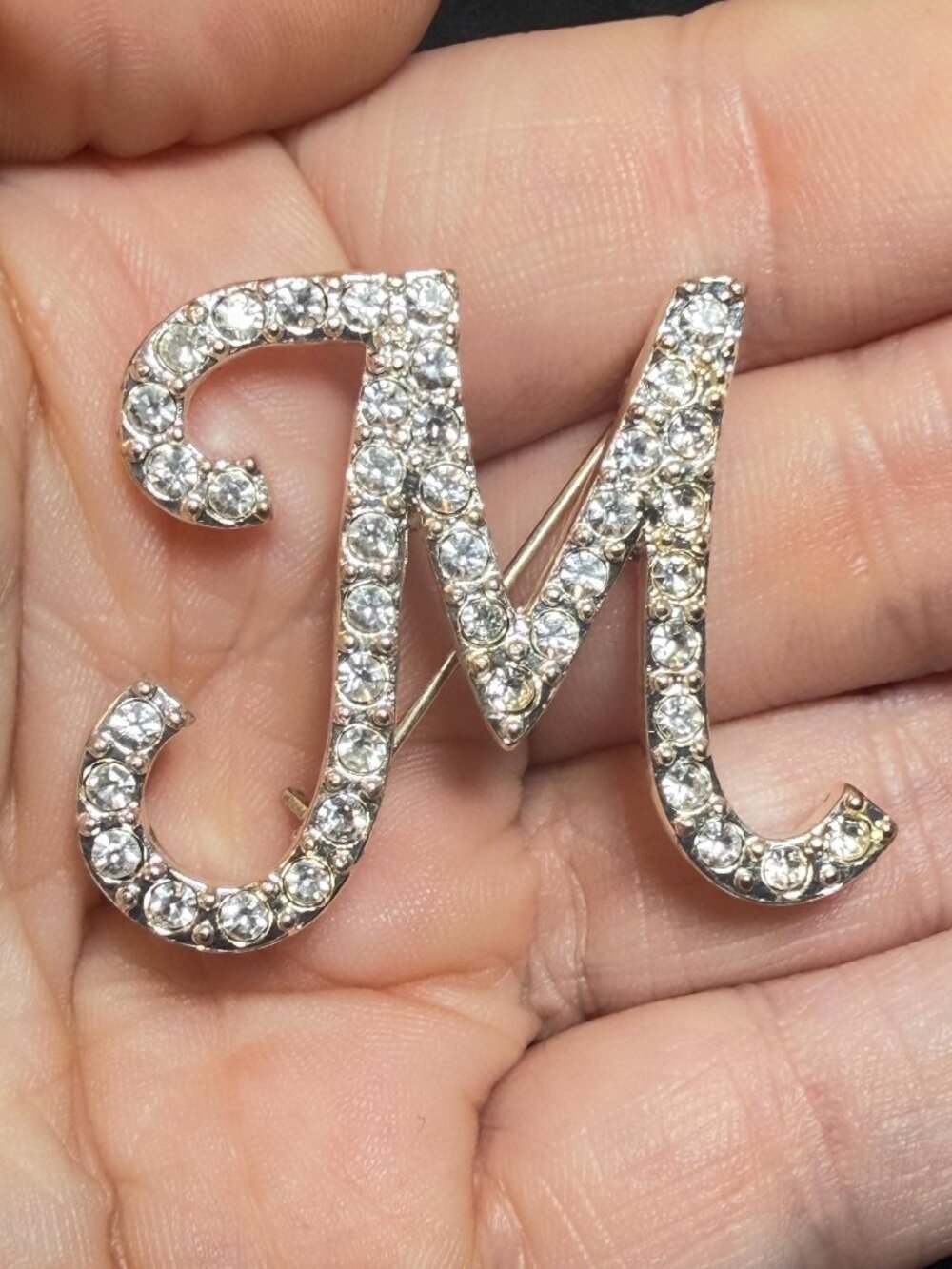 Letter M Brooch Signed Avon SP Rhinestone Initial Brooch Vintage